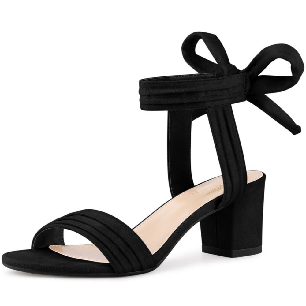 Pleated Open Toe Lace Up Chunky Black Heels Sandals